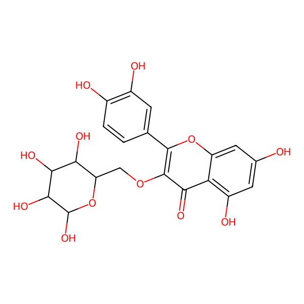 2D Structure of 2-(3,4-dihydroxyphenyl)-5,7-dihydroxy-3-[[(3S,4R,5S)-3,4,5,6-tetrahydroxyoxan-2-yl]methoxy]chromen-4-one