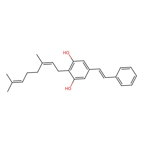 2D Structure of 1,3-Benzenediol, 2-((2E)-3,7-dimethyl-2,6-octadienyl)-5-((1E)-2-phenylethenyl)-