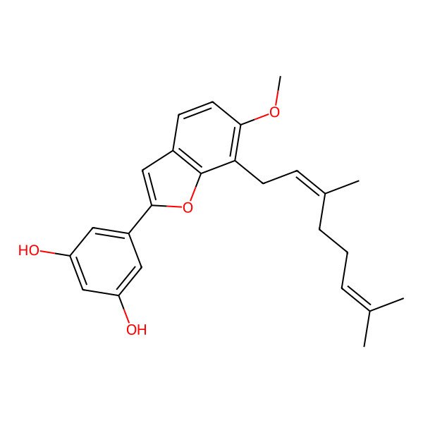 2D Structure of 1,3-Benzenediol, 5-(7-((2E)-3,7-dimethyl-2,6-octadienyl)-6-methoxy-2-benzofuranyl)-