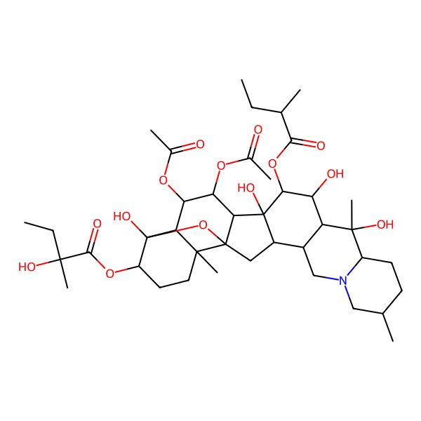 2D Structure of [(1S,2S,6S,9S,10S,11R,12R,13S,14S,15S,16S,17R,18R,19S,22S,25R)-16,17-diacetyloxy-10,12,14,23-tetrahydroxy-6,10,19-trimethyl-13-[(2R)-2-methylbutanoyl]oxy-24-oxa-4-azaheptacyclo[12.12.0.02,11.04,9.015,25.018,23.019,25]hexacosan-22-yl] (2S)-2-hydroxy-2-methylbutanoate