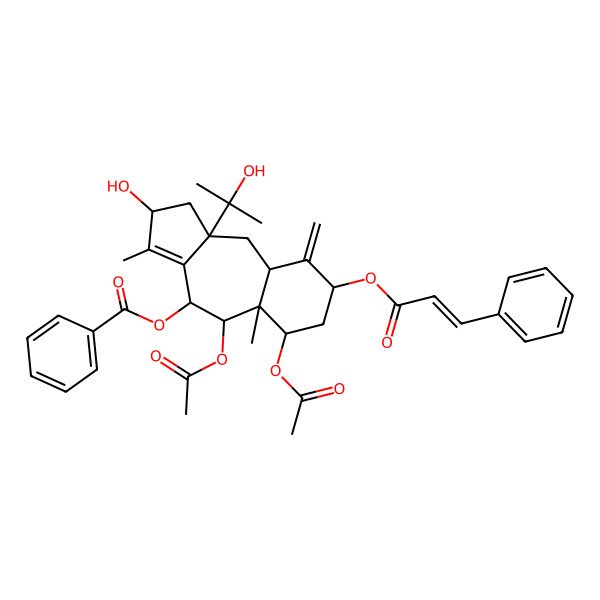2D Structure of [(2S,4R,5R,5aS,6S,8S,9aR,10aS)-5,6-diacetyloxy-2-hydroxy-10a-(2-hydroxypropan-2-yl)-3,5a-dimethyl-9-methylidene-8-[(E)-3-phenylprop-2-enoyl]oxy-2,4,5,6,7,8,9a,10-octahydro-1H-benzo[g]azulen-4-yl] benzoate