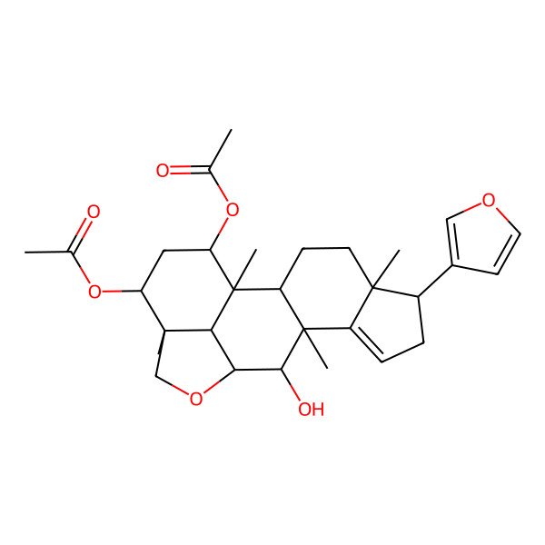 2D Structure of [(1R,2R,5S,6R,10R,11S,12S,15R,16R,18S,19R)-18-acetyloxy-6-(furan-3-yl)-11-hydroxy-1,5,10,15-tetramethyl-13-oxapentacyclo[10.6.1.02,10.05,9.015,19]nonadec-8-en-16-yl] acetate