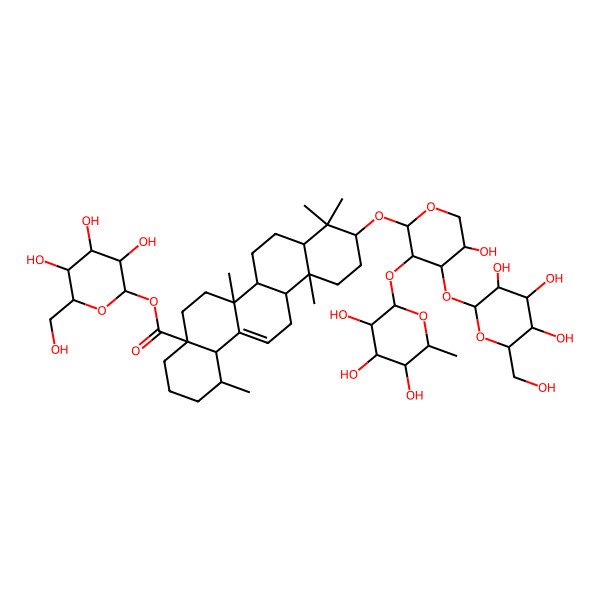 2D Structure of [(2S,3R,4S,5S,6R)-3,4,5-trihydroxy-6-(hydroxymethyl)oxan-2-yl] (1S,4aS,6aS,12aR)-10-[(2S,3R,4S,5S)-5-hydroxy-4-[(2S,3R,4S,5S,6R)-3,4,5-trihydroxy-6-(hydroxymethyl)oxan-2-yl]oxy-3-[(2S,3R,4R,5R,6S)-3,4,5-trihydroxy-6-methyloxan-2-yl]oxyoxan-2-yl]oxy-1,6a,9,9,12a-pentamethyl-1,2,3,4,5,6,6a,6b,7,8,8a,10,11,12,13,14b-hexadecahydropicene-4a-carboxylate