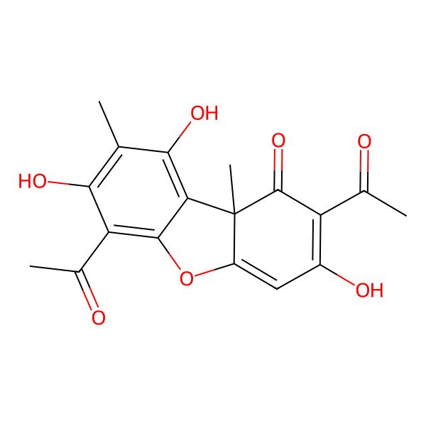 2D Structure of 1,3(2H,9bH)-dibenzofurandione, 2,6-diacetyl-7,9-dihydroxy-8,9b-dimethyl-, (9bR)-