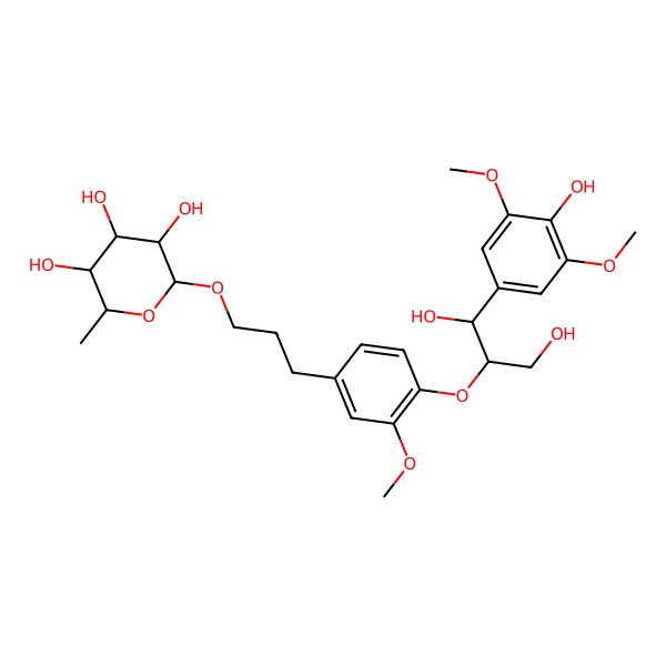 2D Structure of (2R,3S)-3-(4-Hydroxy-3,5-dimethoxyphenyl)-2-[[4-[3-(alpha-L-rhamnopyranosyloxy)propyl]-2-methoxyphenyl]oxy]propane-1,3-diol