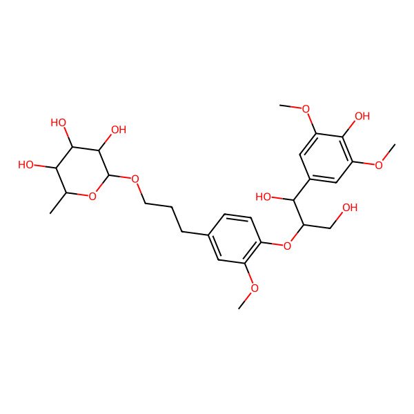 2D Structure of (2R,3R,4R,5R,6S)-2-[3-[4-[(1S,2R)-1,3-dihydroxy-1-(4-hydroxy-3,5-dimethoxyphenyl)propan-2-yl]oxy-3-methoxyphenyl]propoxy]-6-methyloxane-3,4,5-triol