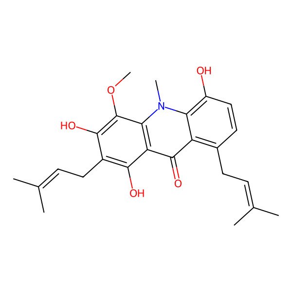 2D Structure of 1,3,5-Trihydroxy-4-methoxy-10-methyl-2,8-bis(3-methylbut-2-enyl)acridin-9(10h)-one