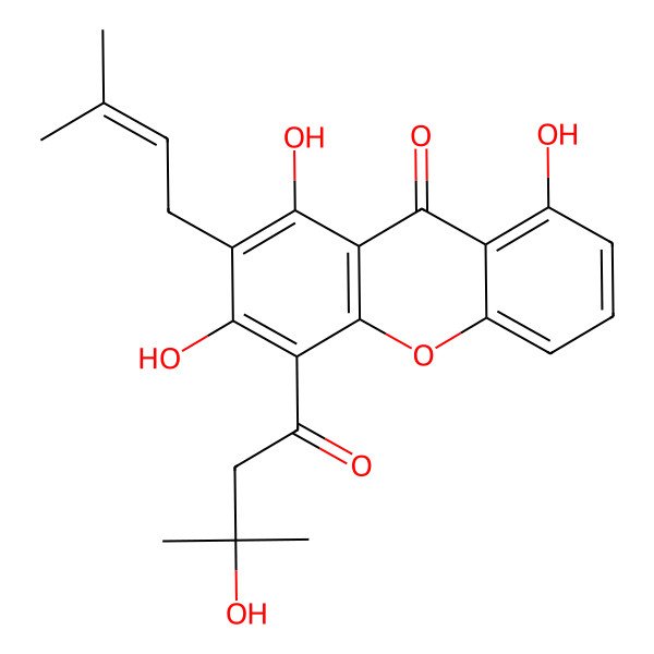 2D Structure of 1,3,8-trihydroxy-4-(3-hydroxy-3-methylbutanoyl)-2-(3-methylbut-2-enyl)xanthen-9-one