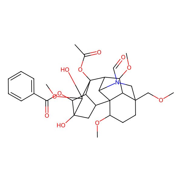 2D Structure of [(5R,6S,8R,13S,17R)-8-acetyloxy-11-formyl-5,7-dihydroxy-6,16,18-trimethoxy-13-(methoxymethyl)-11-azahexacyclo[7.7.2.12,5.01,10.03,8.013,17]nonadecan-4-yl] benzoate