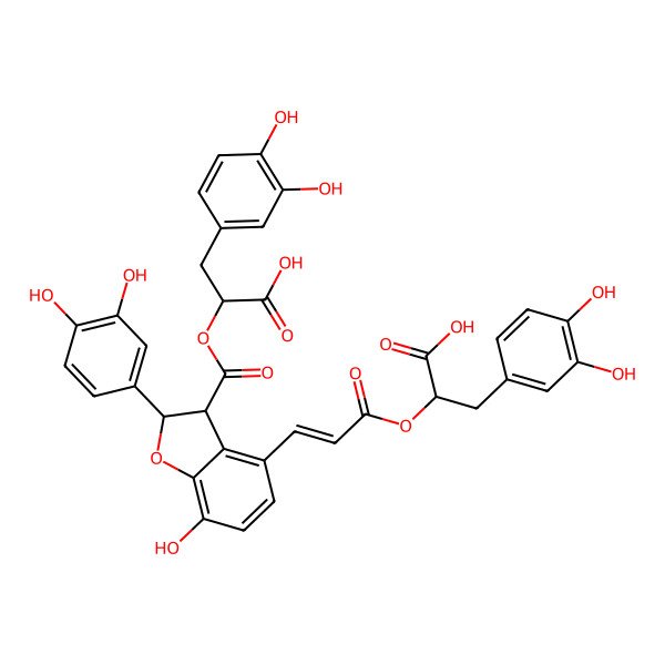 2D Structure of (2R)-2-({(2E)-3-[(2R,3R)-3-{[1-carboxy-2-(3,4-dihydroxyphenyl)ethoxy]carbonyl}-2-(3,4-dihydroxyphenyl)-7-hydroxy-2,3-dihydro-1-benzofuran-4-yl]prop-2-enoyl}oxy)-3-(3,4-dihydroxyphenyl)propanoic acid