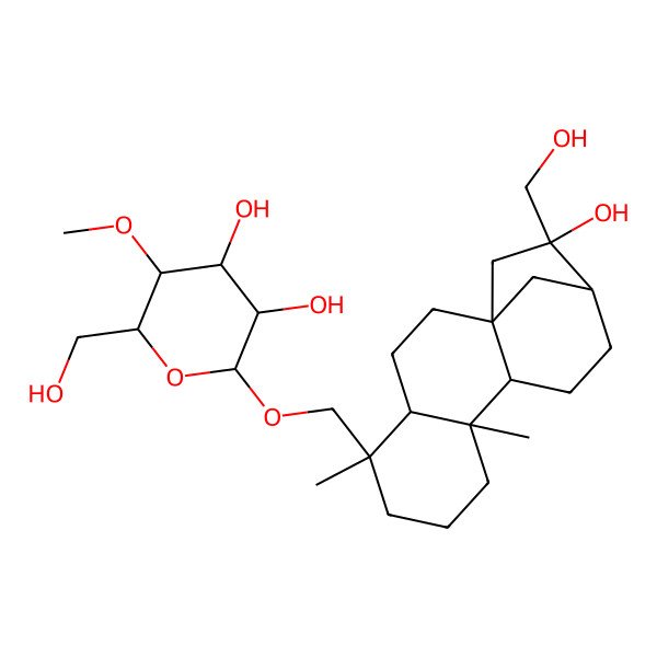 2D Structure of (2R,3R,4R,5S,6R)-2-[[(14R)-14-hydroxy-14-(hydroxymethyl)-5,9-dimethyl-5-tetracyclo[11.2.1.01,10.04,9]hexadecanyl]methoxy]-6-(hydroxymethyl)-5-methoxyoxane-3,4-diol