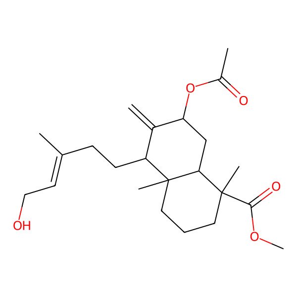 2D Structure of methyl (1S,4aR,5R,7S,8aR)-7-acetyloxy-5-[(E)-5-hydroxy-3-methylpent-3-enyl]-1,4a-dimethyl-6-methylidene-3,4,5,7,8,8a-hexahydro-2H-naphthalene-1-carboxylate