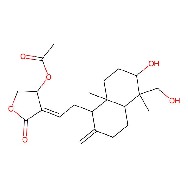 2D Structure of [(3S,4E)-4-[2-[(1R,4aS,5R,6R,8aS)-6-hydroxy-5-(hydroxymethyl)-5,8a-dimethyl-2-methylidene-3,4,4a,6,7,8-hexahydro-1H-naphthalen-1-yl]ethylidene]-5-oxooxolan-3-yl] acetate