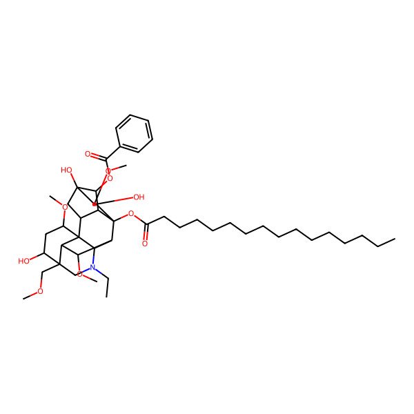 2D Structure of [(1S,2R,3R,4R,5R,6S,7S,8R,9R,10R,13R,14R,16S,17S,18R)-11-ethyl-8-hexadecanoyloxy-5,7,14-trihydroxy-6,16,18-trimethoxy-13-(methoxymethyl)-11-azahexacyclo[7.7.2.12,5.01,10.03,8.013,17]nonadecan-4-yl] benzoate