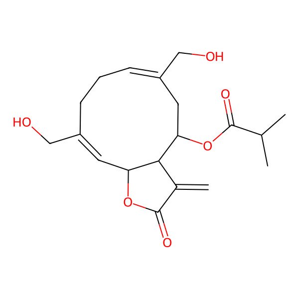 2D Structure of [(3aR,4S,6E,10Z,11aR)-6,10-bis(hydroxymethyl)-3-methylidene-2-oxo-3a,4,5,8,9,11a-hexahydrocyclodeca[b]furan-4-yl] 2-methylpropanoate