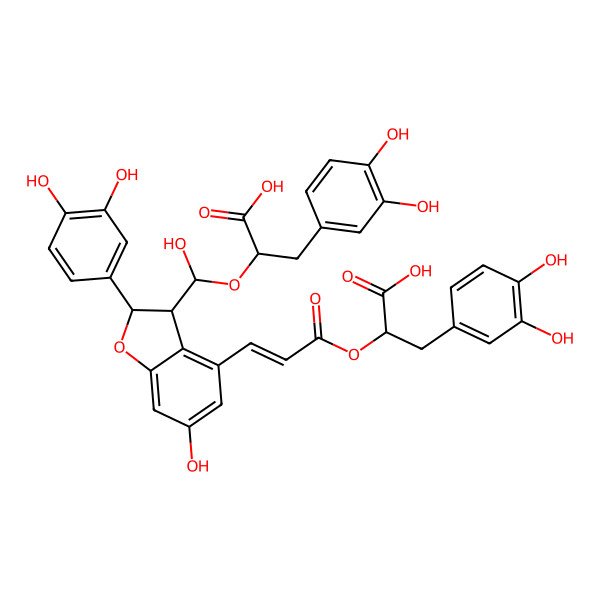 2D Structure of 2-[[4-[(E)-3-[1-carboxy-2-(3,4-dihydroxyphenyl)ethoxy]-3-oxoprop-1-enyl]-2-(3,4-dihydroxyphenyl)-6-hydroxy-2,3-dihydro-1-benzofuran-3-yl]-hydroxymethoxy]-3-(3,4-dihydroxyphenyl)propanoic acid