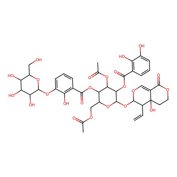 2D Structure of [(2S,3R,4S,5R,6R)-4-acetyloxy-6-(acetyloxymethyl)-2-[[(4R,4aR)-4-ethenyl-4a-hydroxy-8-oxo-3,4,5,6-tetrahydropyrano[3,4-c]pyran-3-yl]oxy]-5-[2-hydroxy-3-[(2S,3R,4S,5S,6R)-3,4,5-trihydroxy-6-(hydroxymethyl)oxan-2-yl]oxybenzoyl]oxyoxan-3-yl] 2,3-dihydroxybenzoate