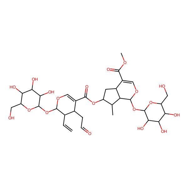 2D Structure of methyl (1S,4aR,6S,7R,7aR)-6-[(2S,3R,4S)-3-ethenyl-4-(2-oxoethyl)-2-[(2S,3R,4S,5S,6R)-3,4,5-trihydroxy-6-(hydroxymethyl)oxan-2-yl]oxy-3,4-dihydro-2H-pyran-5-carbonyl]oxy-7-methyl-1-[(2S,3R,4S,5S,6R)-3,4,5-trihydroxy-6-(hydroxymethyl)oxan-2-yl]oxy-1,4a,5,6,7,7a-hexahydrocyclopenta[c]pyran-4-carboxylate
