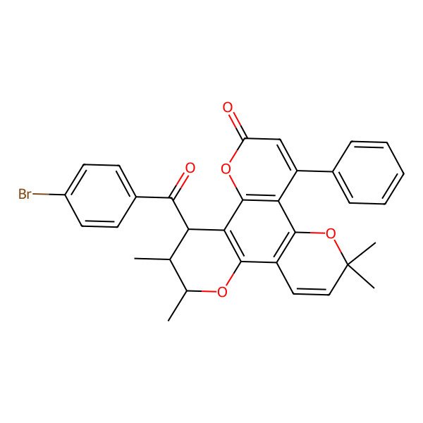 2D Structure of (16R,17R,18S)-18-(4-bromobenzoyl)-10,10,16,17-tetramethyl-6-phenyl-3,9,15-trioxatetracyclo[12.4.0.02,7.08,13]octadeca-1(14),2(7),5,8(13),11-pentaen-4-one
