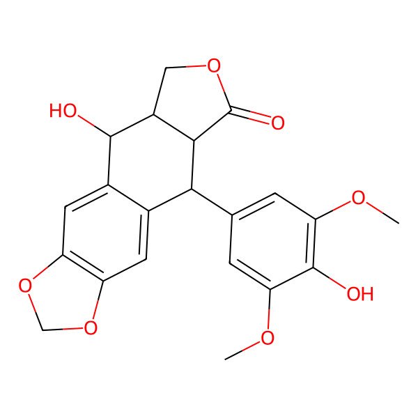 2D Structure of (5S,5aR,8aR,9R)-5-hydroxy-9-(4-hydroxy-3,5-dimethoxyphenyl)-5a,6,8a,9-tetrahydro-5H-[2]benzofuro[5,6-f][1,3]benzodioxol-8-one
