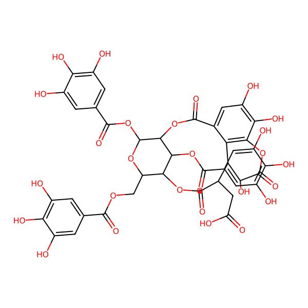 2D Structure of 2-[(4R,5S,7R,8R,11S,12S,13S,21S)-13,17,18-trihydroxy-2,10,14-trioxo-5,21-bis[(3,4,5-trihydroxybenzoyl)oxy]-7-[(3,4,5-trihydroxybenzoyl)oxymethyl]-3,6,9,15-tetraoxatetracyclo[10.7.1.14,8.016,20]henicosa-1(19),16(20),17-trien-11-yl]acetic acid