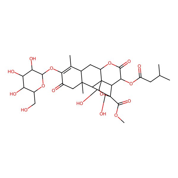 2D Structure of methyl (1R,2S,3R,6R,8R,13S,14R,15R,16S,17S)-15,16-dihydroxy-9,13-dimethyl-3-(3-methylbutanoyloxy)-4,11-dioxo-10-[(2S,3R,4S,5S,6R)-3,4,5-trihydroxy-6-(hydroxymethyl)oxan-2-yl]oxy-5,18-dioxapentacyclo[12.5.0.01,6.02,17.08,13]nonadec-9-ene-17-carboxylate