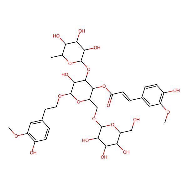 2D Structure of [(2R,3R,4R,5R,6R)-5-hydroxy-6-[2-(4-hydroxy-3-methoxyphenyl)ethoxy]-2-[[(2R,3R,4S,5S,6R)-3,4,5-trihydroxy-6-(hydroxymethyl)oxan-2-yl]oxymethyl]-4-[(2S,3R,4R,5R,6S)-3,4,5-trihydroxy-6-methyloxan-2-yl]oxyoxan-3-yl] (E)-3-(4-hydroxy-3-methoxyphenyl)prop-2-enoate