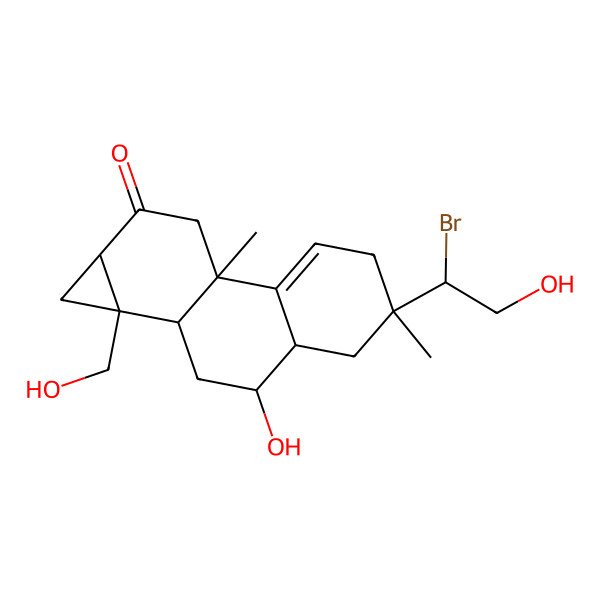 2D Structure of 9H-cyclopropa[a]phenanthren-9-one, 5-[(1R)-1-bromo-2-hydroxyethyl]-1,1a,1b,2,3,3a,4,5,6,7b,8,9a-dodecahydro-3-hydroxy-1a-(hydroxymethyl)-5,7b-dimethyl-, (1aS,1bS,3R,3aR,5S,7bR,9aR)-