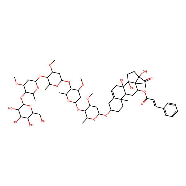 2D Structure of [(3S,8S,9R,10R,12R,13S,14R,17S)-17-acetyl-8,14,17-trihydroxy-3-[(2R,4S,5R,6R)-4-methoxy-5-[(2S,4S,5R,6S)-4-methoxy-5-[(2S,4S,5R,6R)-4-methoxy-5-[(2S,4R,5S,6S)-4-methoxy-6-methyl-5-[(2S,3R,4S,5S,6R)-3,4,5-trihydroxy-6-(hydroxymethyl)oxan-2-yl]oxyoxan-2-yl]oxy-6-methyloxan-2-yl]oxy-6-methyloxan-2-yl]oxy-6-methyloxan-2-yl]oxy-10,13-dimethyl-1,2,3,4,7,9,11,12,15,16-decahydrocyclopenta[a]phenanthren-12-yl] (E)-3-phenylprop-2-enoate