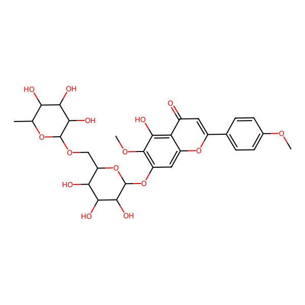 2D Structure of 5-hydroxy-6-methoxy-2-(4-methoxyphenyl)-7-[[(2R,3R,4S,5S,6R)-3,4,5-trihydroxy-6-[[(2R,3R,4R,5R,6S)-3,4,5-trihydroxy-6-methyl-2-oxanyl]oxymethyl]-2-oxanyl]oxy]-1-benzopyran-4-one