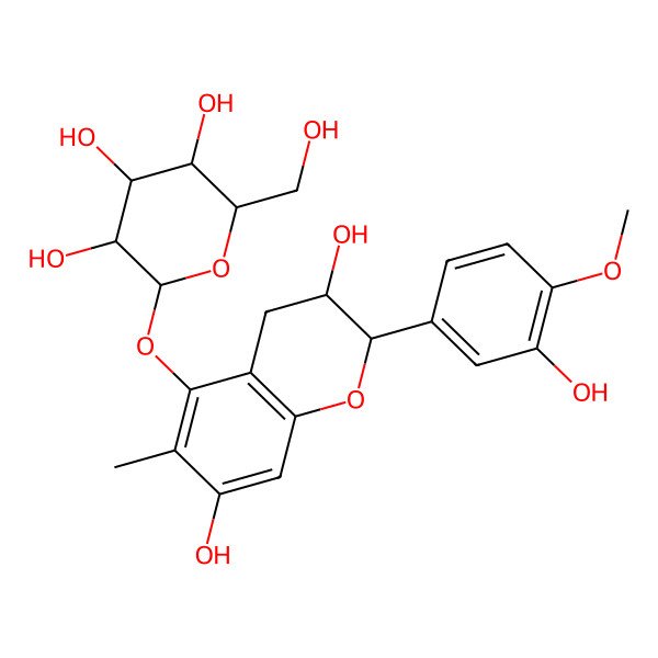 2D Structure of (2R)-2alpha-(3-Hydroxy-4-methoxyphenyl)-5-(beta-D-glucopyranosyloxy)-6-methyl-3,4-dihydro-2H-1-benzopyran-3alpha,7-diol