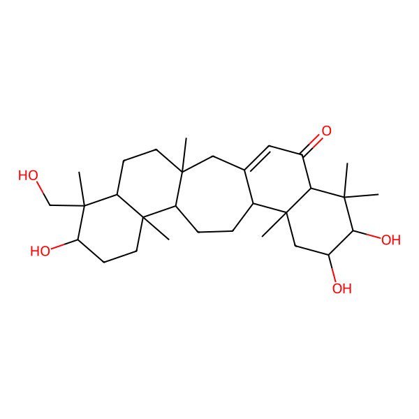 2D Structure of (1S,6R,8S,9R,12S,16R,20S)-8,9,19-trihydroxy-20-(hydroxymethyl)-1,7,7,11,16,20-hexamethylpentacyclo[13.8.0.03,12.06,11.016,21]tricos-3-en-5-one