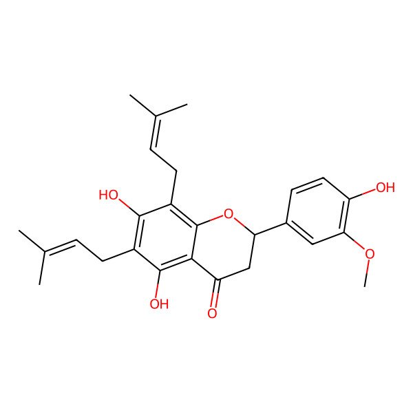 2D Structure of (2S)-5,7-dihydroxy-2-(4-hydroxy-3-methoxyphenyl)-6,8-bis(3-methylbut-2-enyl)-2,3-dihydrochromen-4-one