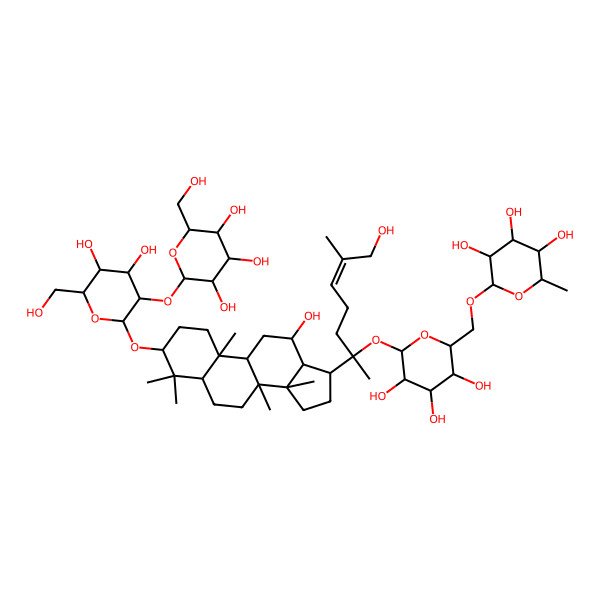 2D Structure of (2R,3R,4R,5S,6S)-2-[[(2R,3S,4S,5R,6S)-6-[(E)-2-[3-[(2R,3R,4S,5S,6R)-4,5-dihydroxy-6-(hydroxymethyl)-3-[(2S,3R,4S,5S,6R)-3,4,5-trihydroxy-6-(hydroxymethyl)oxan-2-yl]oxyoxan-2-yl]oxy-12-hydroxy-4,4,8,10,14-pentamethyl-2,3,5,6,7,9,11,12,13,15,16,17-dodecahydro-1H-cyclopenta[a]phenanthren-17-yl]-7-hydroxy-6-methylhept-5-en-2-yl]oxy-3,4,5-trihydroxyoxan-2-yl]methoxy]-6-methyloxane-3,4,5-triol