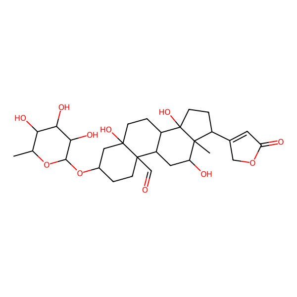 2D Structure of (3S)-5,12,14-trihydroxy-13-methyl-17-(5-oxo-2H-furan-3-yl)-3-[(2R,3R,4R,5R,6S)-3,4,5-trihydroxy-6-methyloxan-2-yl]oxy-2,3,4,6,7,8,9,11,12,15,16,17-dodecahydro-1H-cyclopenta[a]phenanthrene-10-carbaldehyde