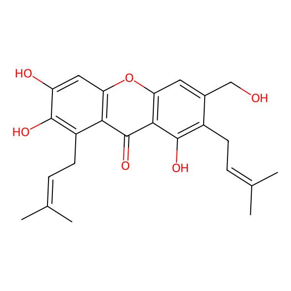 2D Structure of 1,6,7-Trihydroxy-3-(hydroxymethyl)-2,8-bis(3-methylbut-2-enyl)xanthen-9-one
