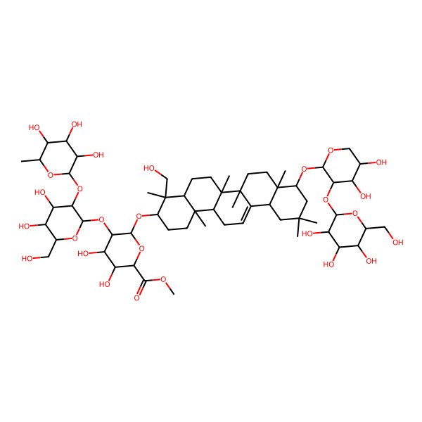 2D Structure of methyl (2S,3S,4S,5R,6R)-6-[[(3S,4S,4aR,6aR,6bS,8aR,9R,12aS,14aR,14bR)-9-[(2S,3R,4S,5S)-4,5-dihydroxy-3-[(2S,3R,4S,5S,6R)-3,4,5-trihydroxy-6-(hydroxymethyl)oxan-2-yl]oxyoxan-2-yl]oxy-4-(hydroxymethyl)-4,6a,6b,8a,11,11,14b-heptamethyl-1,2,3,4a,5,6,7,8,9,10,12,12a,14,14a-tetradecahydropicen-3-yl]oxy]-5-[(2S,3R,4S,5R,6R)-4,5-dihydroxy-6-(hydroxymethyl)-3-[(2S,3R,4R,5R,6S)-3,4,5-trihydroxy-6-methyloxan-2-yl]oxyoxan-2-yl]oxy-3,4-dihydroxyoxane-2-carboxylate