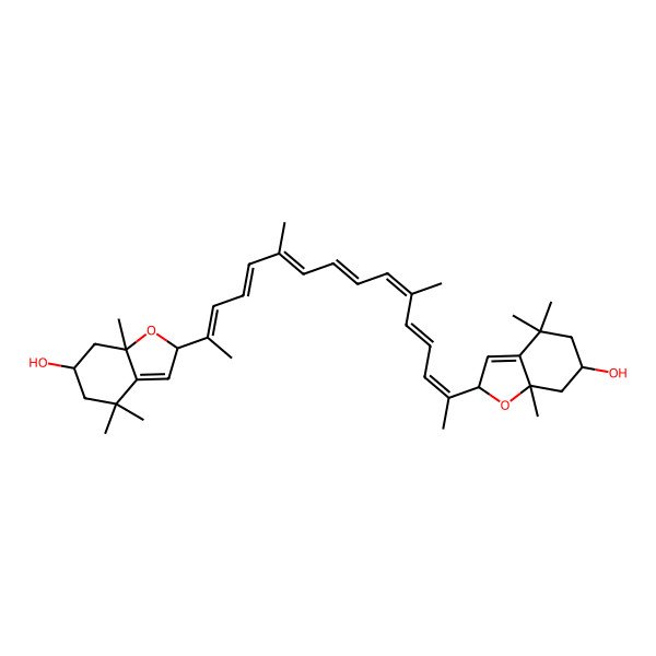 2D Structure of 2-[(2Z,4E,6E,8E,10E,12E,14Z)-15-(6-hydroxy-4,4,7a-trimethyl-2,5,6,7-tetrahydro-1-benzofuran-2-yl)-6,11-dimethylhexadeca-2,4,6,8,10,12,14-heptaen-2-yl]-4,4,7a-trimethyl-2,5,6,7-tetrahydro-1-benzofuran-6-ol