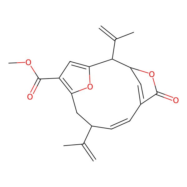 2D Structure of methyl (2R,3R,7Z,9S)-5-oxo-2,9-bis(prop-1-en-2-yl)-4,14-dioxatricyclo[9.2.1.13,6]pentadeca-1(13),6(15),7,11-tetraene-12-carboxylate