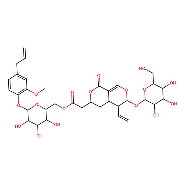 2D Structure of [(2R,3S,4S,5R,6S)-3,4,5-trihydroxy-6-(2-methoxy-4-prop-2-enylphenoxy)oxan-2-yl]methyl 2-[(3R,4aS,5R,6S)-5-ethenyl-1-oxo-6-[(2S,3R,4S,5S,6R)-3,4,5-trihydroxy-6-(hydroxymethyl)oxan-2-yl]oxy-4,4a,5,6-tetrahydro-3H-pyrano[3,4-c]pyran-3-yl]acetate