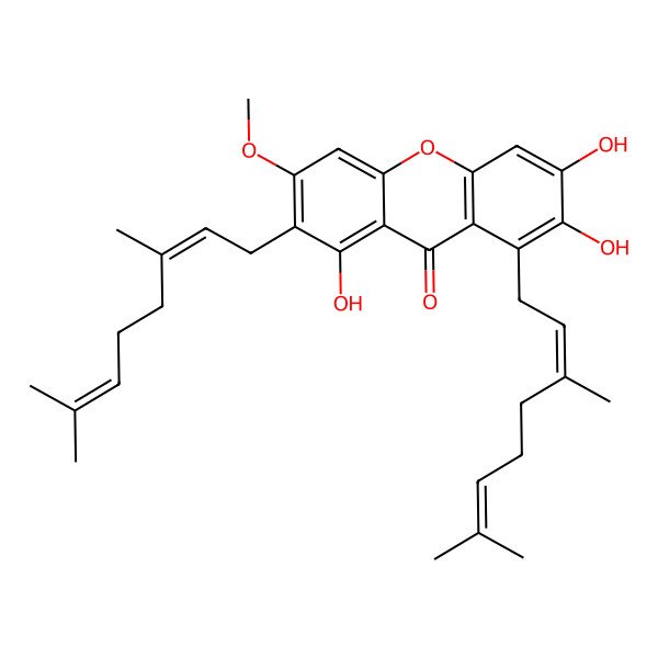 2D Structure of 1,7-bis[(2E)-3,7-dimethylocta-2,6-dienyl]-2,3,8-trihydroxy-6-methoxyxanthen-9-one
