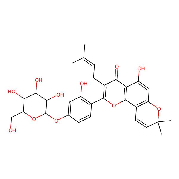2D Structure of 5-Hydroxy-2-[2-hydroxy-4-[3,4,5-trihydroxy-6-(hydroxymethyl)tetrahydropyran-2-yl]oxy-phenyl]-8,8-dimethyl-3-(3-methylbut-2-enyl)pyrano[2,3-h]chromen-4-one