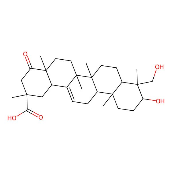 2D Structure of (2S,4aR,6aR,6aS,6bR,8aR,9S,10S,12aR,14bS)-10-hydroxy-9-(hydroxymethyl)-2,4a,6a,6b,9,12a-hexamethyl-4-oxo-3,5,6,6a,7,8,8a,10,11,12,13,14b-dodecahydro-1H-picene-2-carboxylic acid