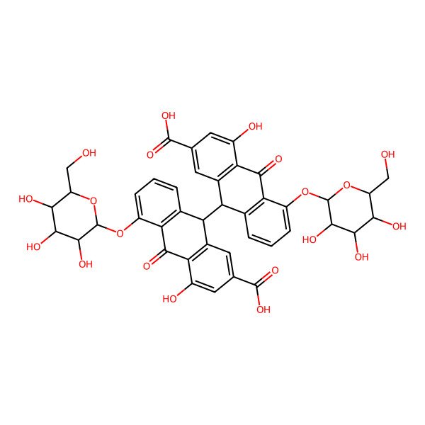 2D Structure of 9-[(9R)-2-carboxy-4-hydroxy-10-oxo-5-[(2S,3R,4S,5S,6R)-3,4,5-trihydroxy-6-(hydroxymethyl)oxan-2-yl]oxy-9H-anthracen-9-yl]-4-hydroxy-10-oxo-5-[(3R,4S,5S,6R)-3,4,5-trihydroxy-6-(hydroxymethyl)oxan-2-yl]oxy-9H-anthracene-2-carboxylic acid