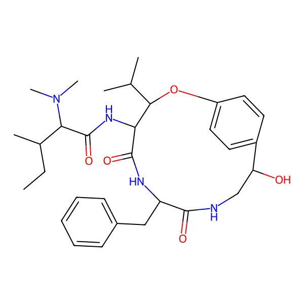 2D Structure of (2S,3S)-N-[(3R,4S,7S)-7-benzyl-11-hydroxy-5,8-dioxo-3-propan-2-yl-2-oxa-6,9-diazabicyclo[10.2.2]hexadeca-1(14),12,15-trien-4-yl]-2-(dimethylamino)-3-methylpentanamide