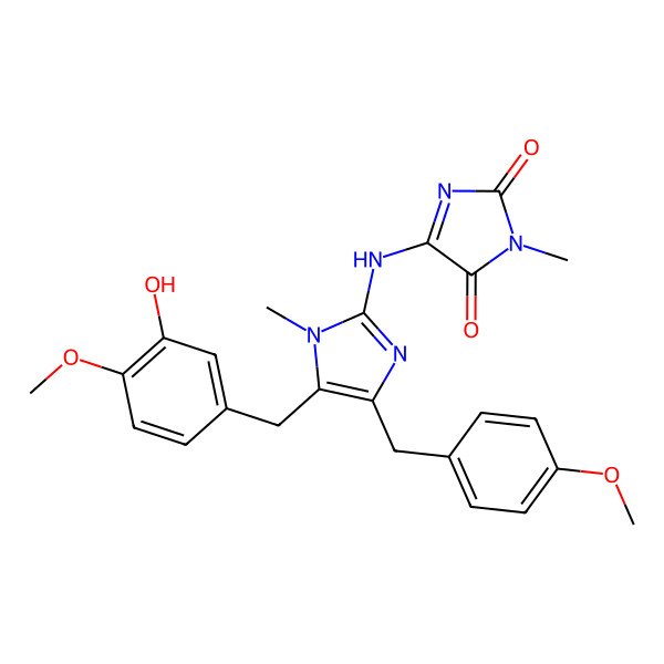 2D Structure of 5-[[5-[(3-hydroxy-4-methoxyphenyl)methyl]-4-[(4-methoxyphenyl)methyl]-1-methylimidazol-2-yl]amino]-3-methylimidazole-2,4-dione