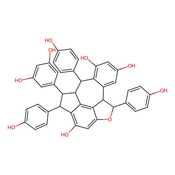 2D Structure of (1S,2R,3R,9S,10S,17S)-2-(3,5-dihydroxyphenyl)-3,9,17-tris(4-hydroxyphenyl)-8-oxapentacyclo[8.7.2.04,18.07,19.011,16]nonadeca-4(18),5,7(19),11(16),12,14-hexaene-5,13,15-triol