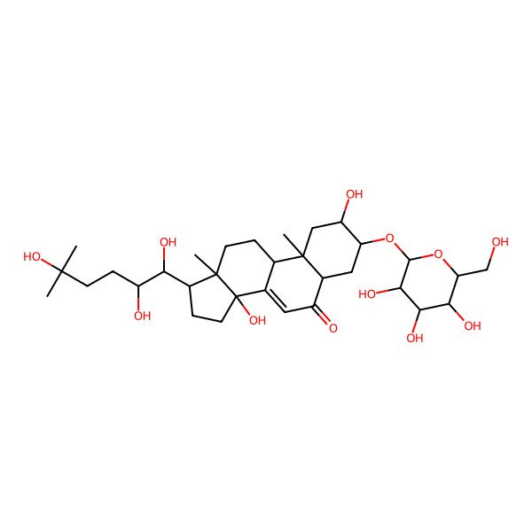 2D Structure of 2,14-dihydroxy-10,13-dimethyl-3-[(2R,3R,4S,5S,6R)-3,4,5-trihydroxy-6-(hydroxymethyl)oxan-2-yl]oxy-17-(1,2,5-trihydroxy-5-methylhexyl)-2,3,4,5,9,11,12,15,16,17-decahydro-1H-cyclopenta[a]phenanthren-6-one