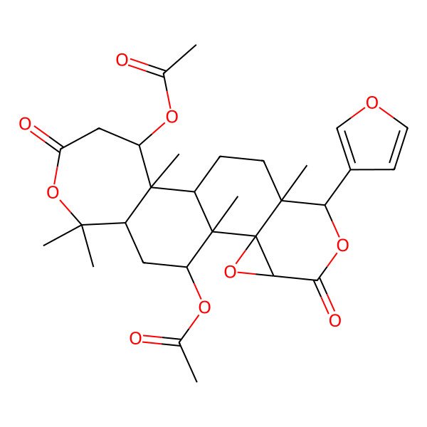 2D Structure of (17S)-1alpha,7alpha-Diacetoxy-14beta,15beta:21,23-diepoxy-4,17-dihydroxy-13alpha-methyl-23-des(2-methylpropyl)-30-nor-3,4:16,17-disecodammara-20,22-diene-3,16-dioic acid 3,4:16,17-bislactone