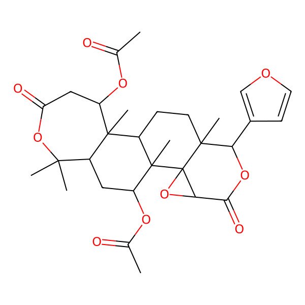 2D Structure of [(1S,2R,4S,7S,8S,11R,12R,13S,18R,20R)-13-acetyloxy-7-(furan-3-yl)-1,8,12,17,17-pentamethyl-5,15-dioxo-3,6,16-trioxapentacyclo[9.9.0.02,4.02,8.012,18]icosan-20-yl] acetate